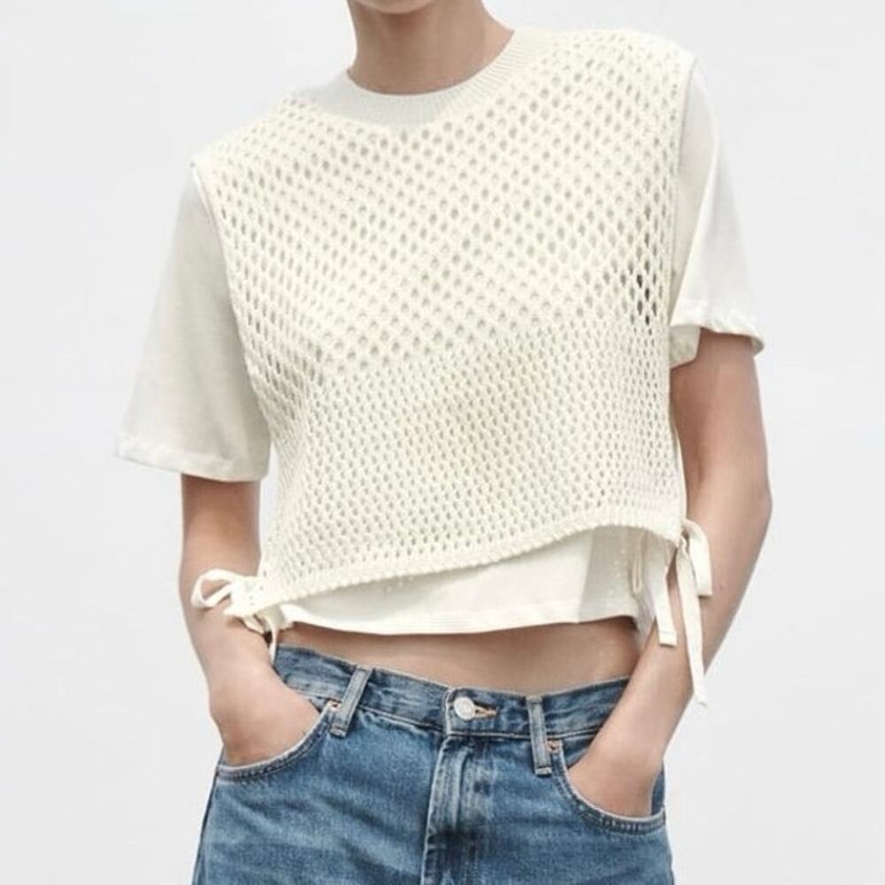 Zara | 100% Cotton Crotchet Mixed Material T-Shirt Blouse Summer Bohemian Sz S